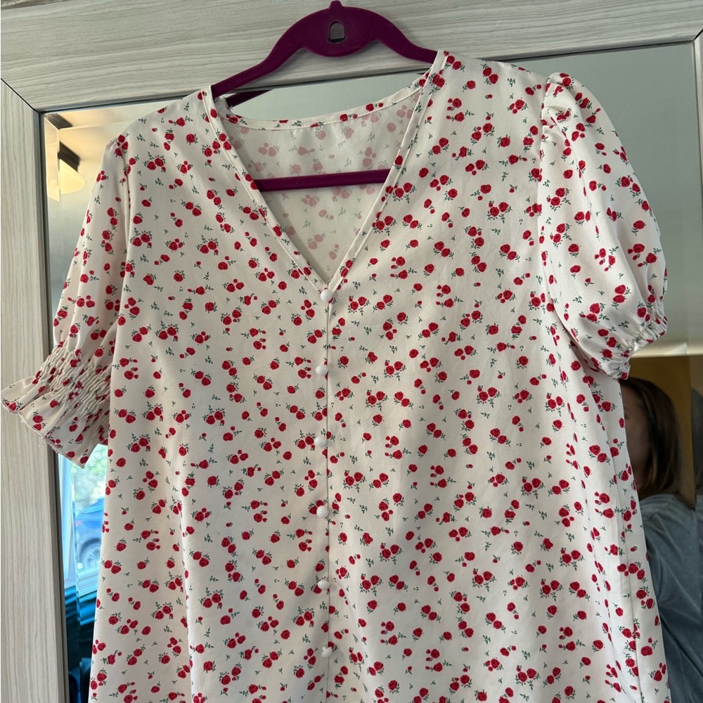 Floral V-Neck Blouse - Red and White